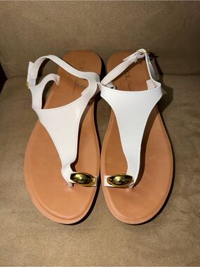 Chinese Laundry White T-Strap Sandals with Gold Accent
